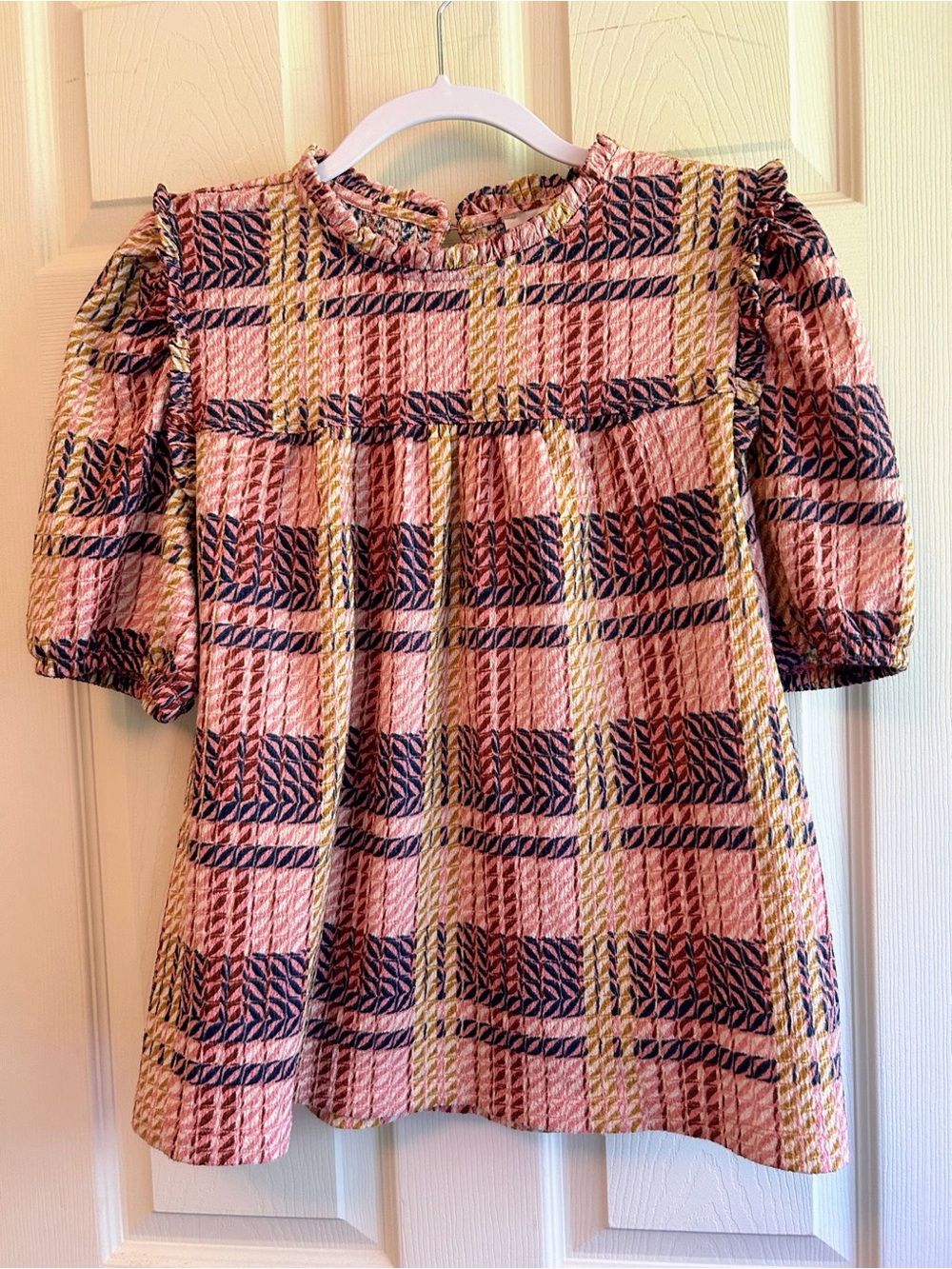 Loft Pink Plaid Puff Sleeve Blouse